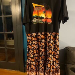 SOLD OOAK Upcycled tee shirt dress. Rayon Floral Black and Orange Skirt